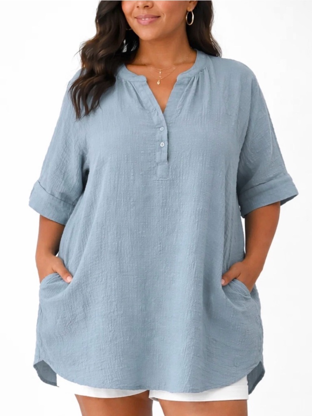 Light Blue Tunic Top with Button Placket